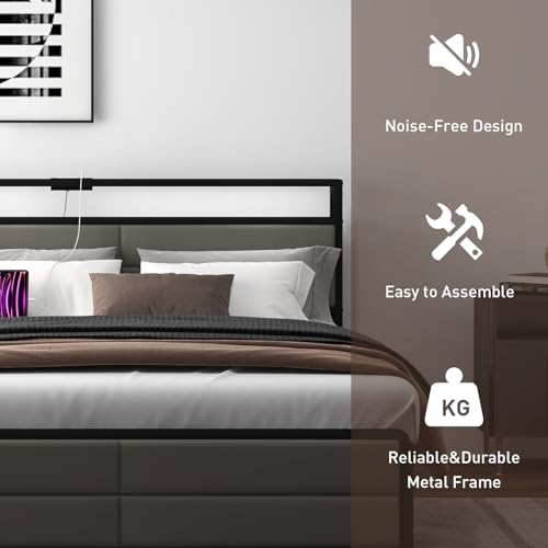 Bonzy Home Full Size Bed Frame with 4 Storage Drawers and USB Port, Platform Bed Frame with Lights, Strong Metal Slats Support, No Box Spring, Non-Noise, Mattress Foundation, Grey