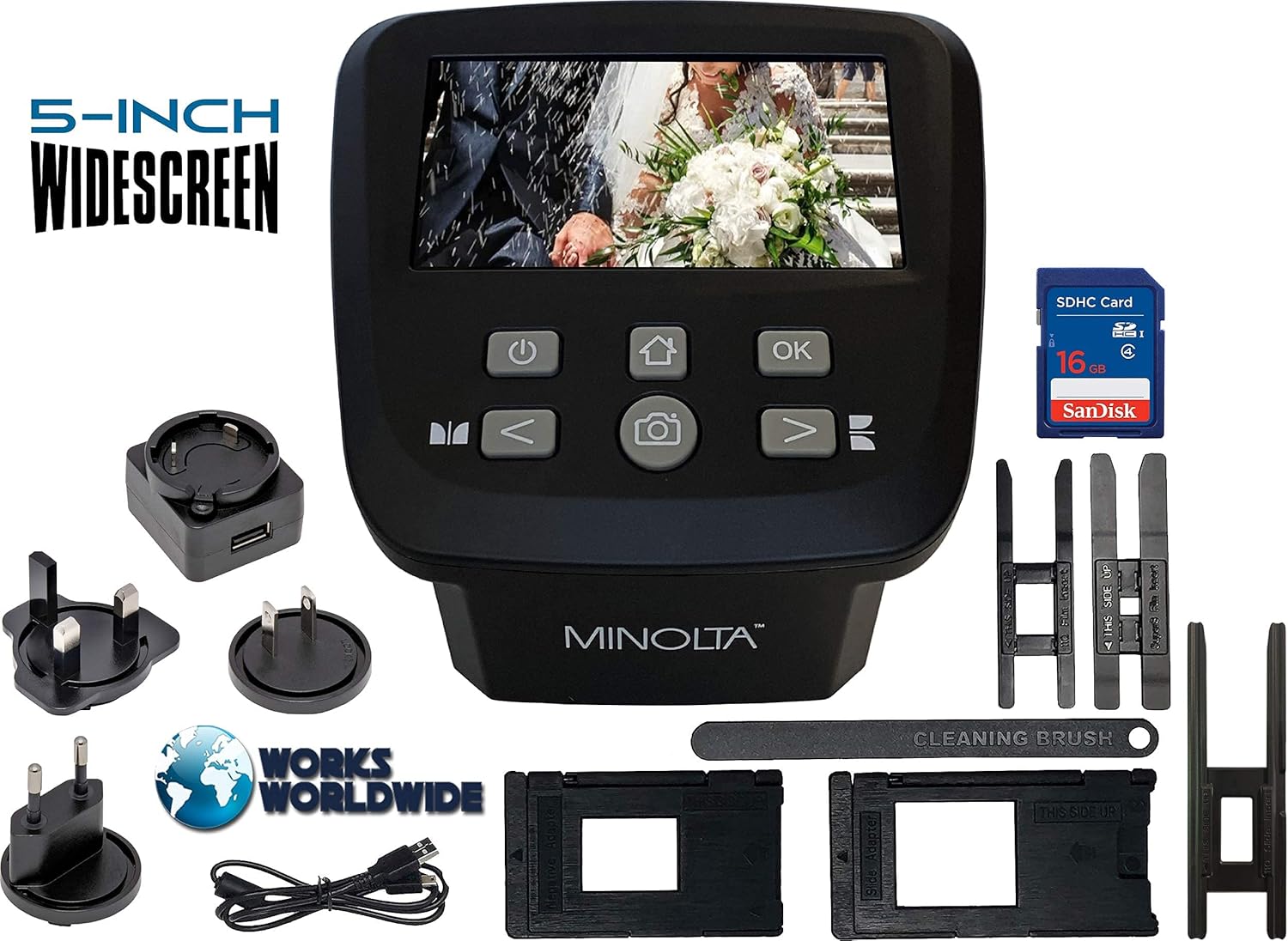 MINOLTA Film & Slide Scanner, Large 5 Screen, Convert Color & B&W 35mm, 126, 110 Negative & Slides, Super 8 Films to High Res 22MP JPEG Digital Photos, 16GB SD Card, Worldwide AC Adapter (Black)