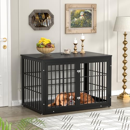 48 Inch Heavy Duty Dog Crate Furniture for Large Dogs, Decorative Pet House End Table, Extra Large Wooden Cage Kennel Furniture Indoor, Natural and White