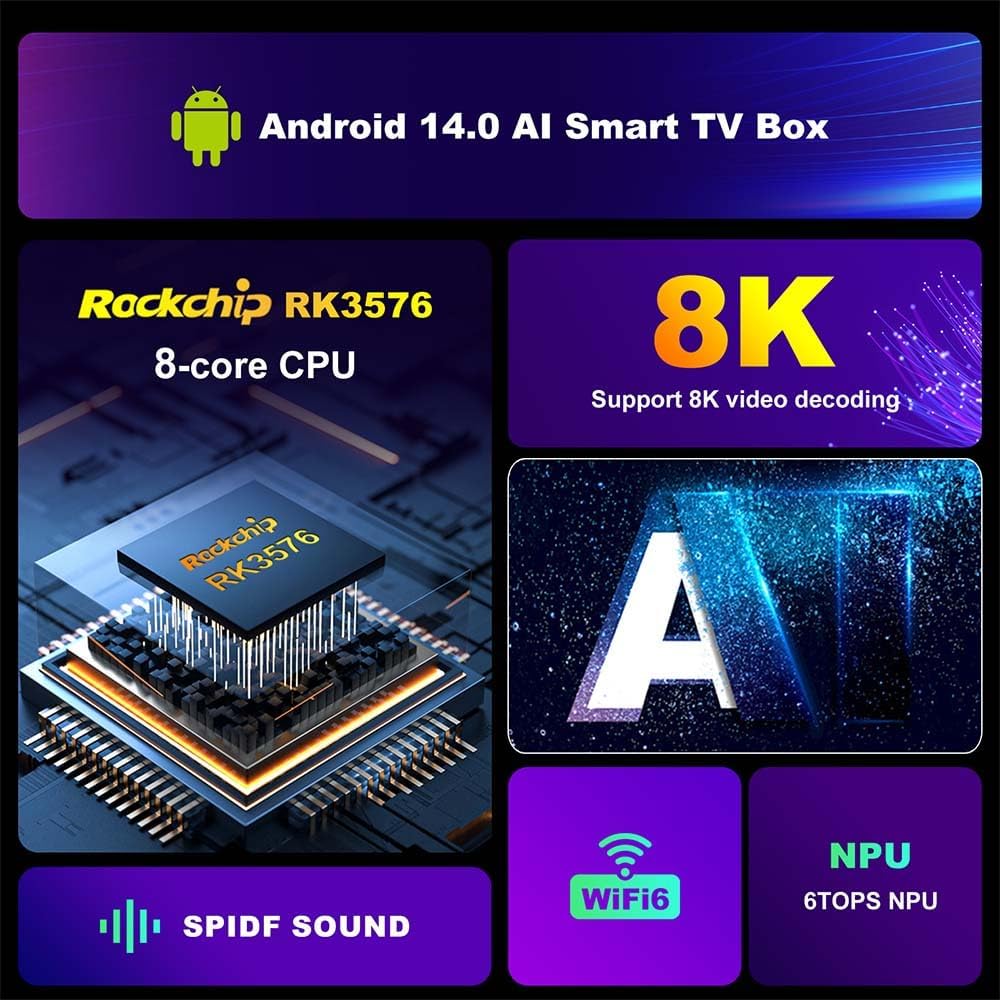 H96 MAX M9 AOSP Android TV Box 2024 8GB RAM 128GB ROM Android 14 TV Box RK3576 Octa-core WIFI6 2.4G/5G with 1000M Ethernet BT5.4 Buit-in AI NPU 6TOPS Support H.265 8K AV1 HDR Smart TV Box