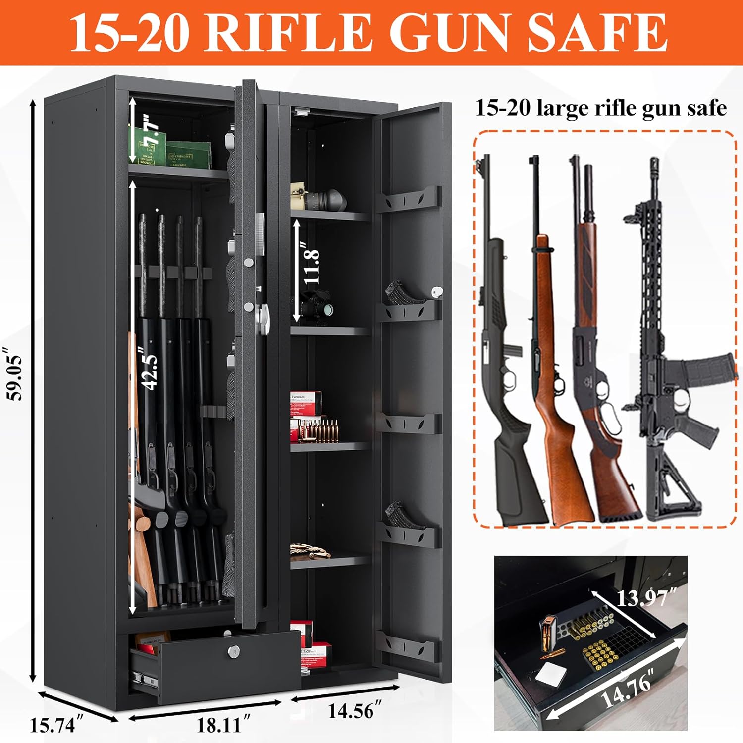 15-20 Gun Safe,Large Gun Safes for Home Rifle and Pistols,Rifle Safe,Gun Cabinets for Rifles and Shotguns,Gun Cabinet,Gun Safes & Cabinets with Drawer,3 Gun Mount,Handgun Pockets (1500AB-GUN SAFE)