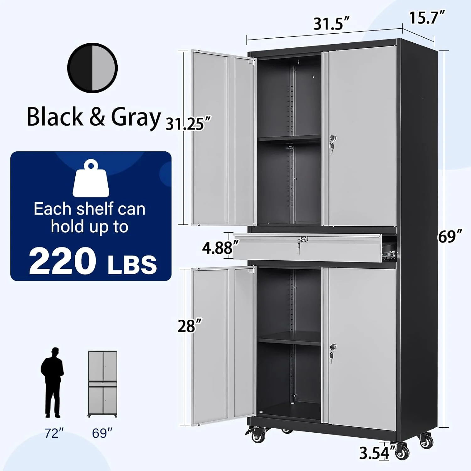 Metal Storage Locking Cabinet with 4 Doors and 2 Adjustable Shelves,71" Lockable Garage Tall Steel Cabinet,for Home Office,Living Room,Pantry,Gym,Commercial Storage (Black)