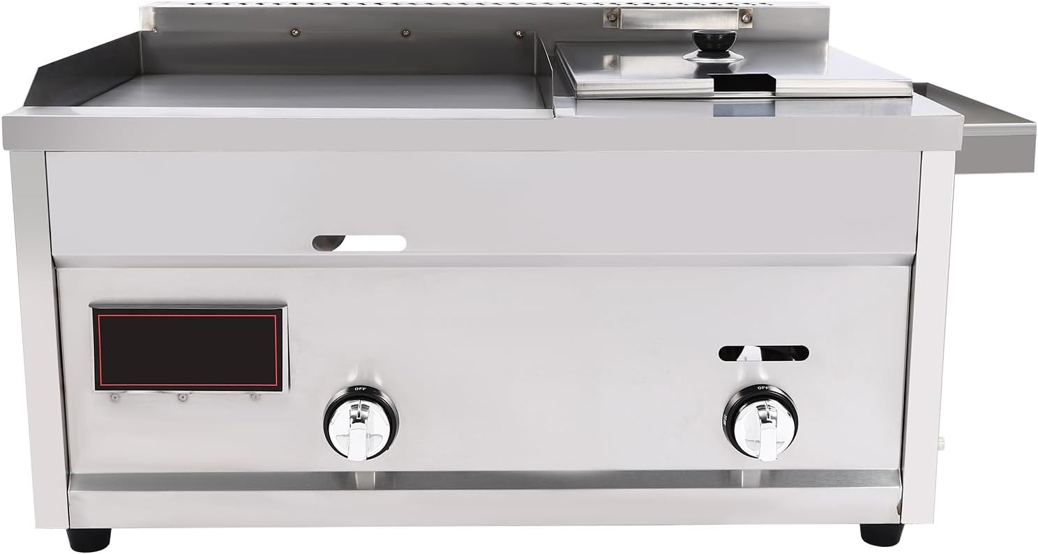 Gas Propane Griddle and Deep Fryer Fast Heating Flat BBQ Hot Plate Frying Machine with Dual Burners Multi-Function Grill and Oil Frying Cookware W/Basket Combo(Stainless Steel)