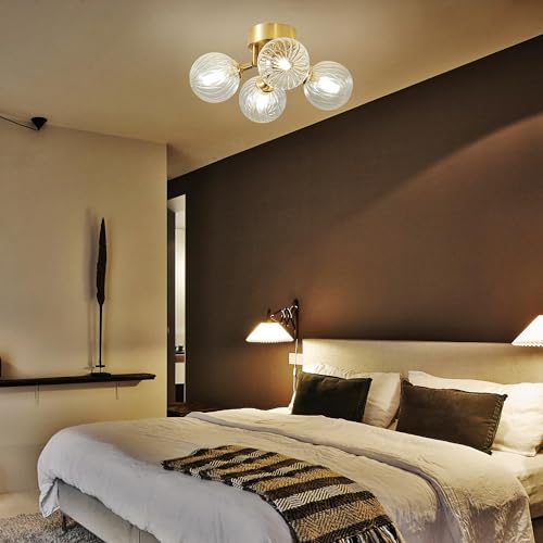 Semi Flush Mount Bubble Ball Chandelier Lighting, Dia 13" 4-Light Gild Brass and Clear Ripple Blown Glass Globe Farmhouse Chandelier Close to Ceiling Light Fixtures for Bedroom Bathroom