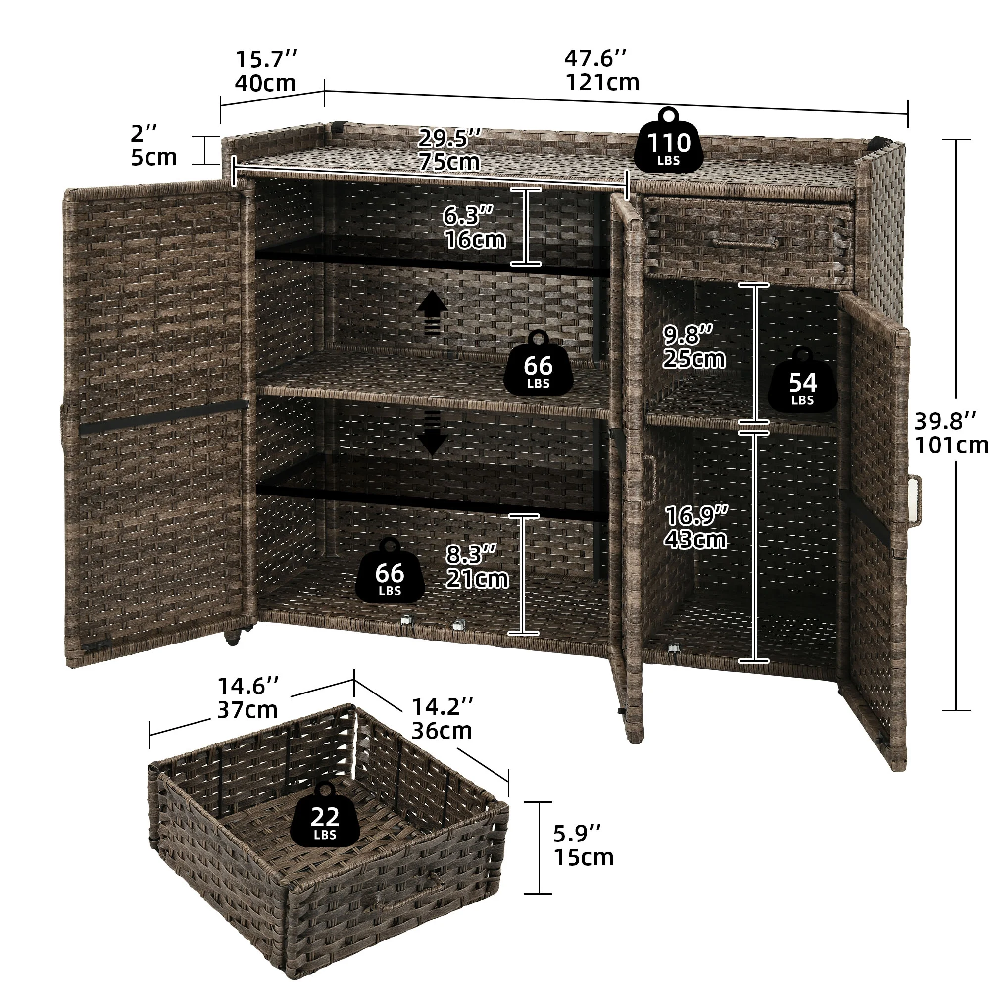 Dextrus Rattan Wicker Patio Organizer Storage Cabinet with 2 Doors, Foldable Drawer, Weather-proof Rattan Bar Table, Storage Box - Brown