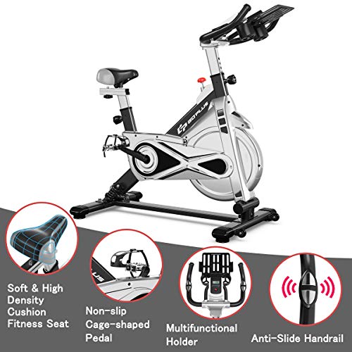 Goplus Adjustable Exercise Bike, Stationary Silent Bicycle with Dual-Spring Shock Absorption Design, Real-time Heart Rate, Cup/Phone Holder and Electronic Display, Indoor Cycling Bike