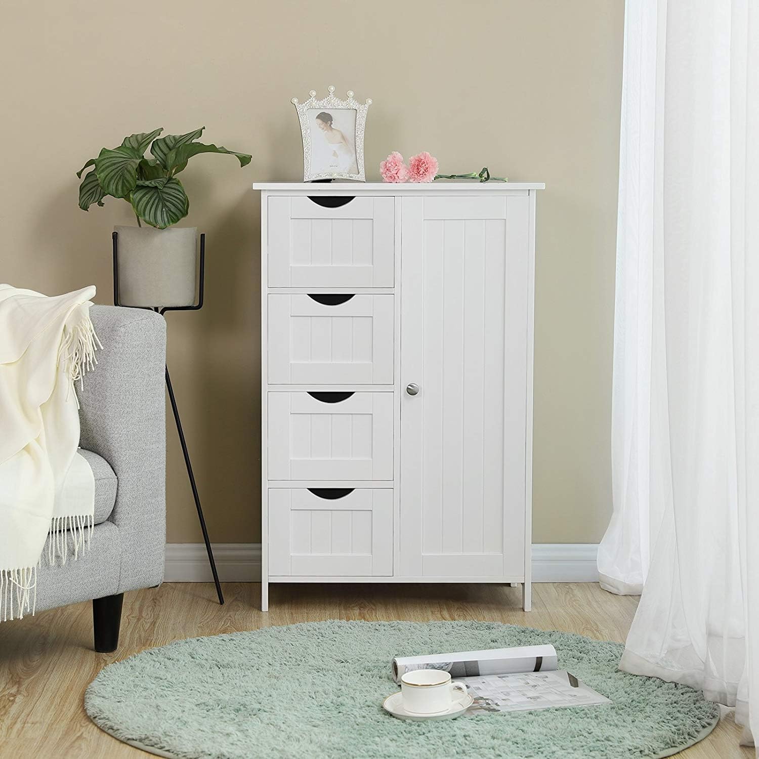 ONME Bathroom Floor Cabinet, Storage Cabinet Wooden with 1 Door & 4 Drawer, Free Standing Wooden Entryway Cupboard Spacesaver Cabinet, Entryway Cupboard, Toy Organizer Cabinet White