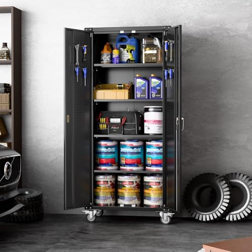 73" H Metal Storage Cabinet with Wheels, Garage Storage Cabinet with 4 Adjustable Shelves and Lockable Doors for Garage Home Office Utility Room,Required Assembly,Black