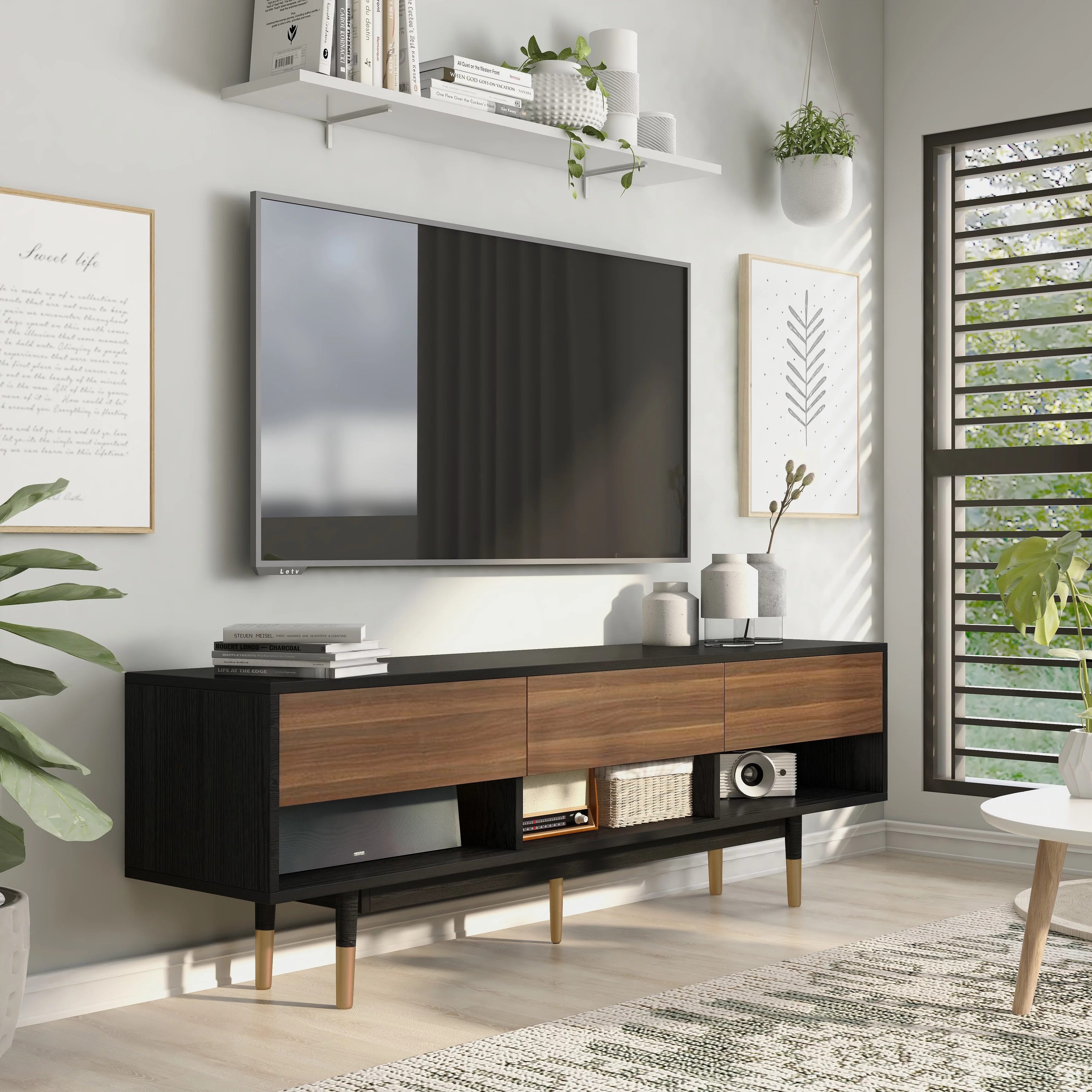 Carson Carrington Uddvide Mid-Century Modern Black 71-inch 3-Shelf TV Console by
