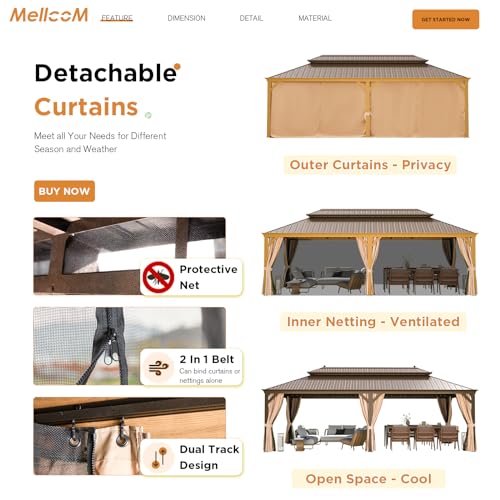 MELLCOM 12'x16' Hardtop Gazebo, Galvanized Steel Metal Double Roof Canopy with Curtains and Netting, Brown Permanent Pavilion Gazebos with Aluminum Frame for Garden, Patio, Lawns, Deck