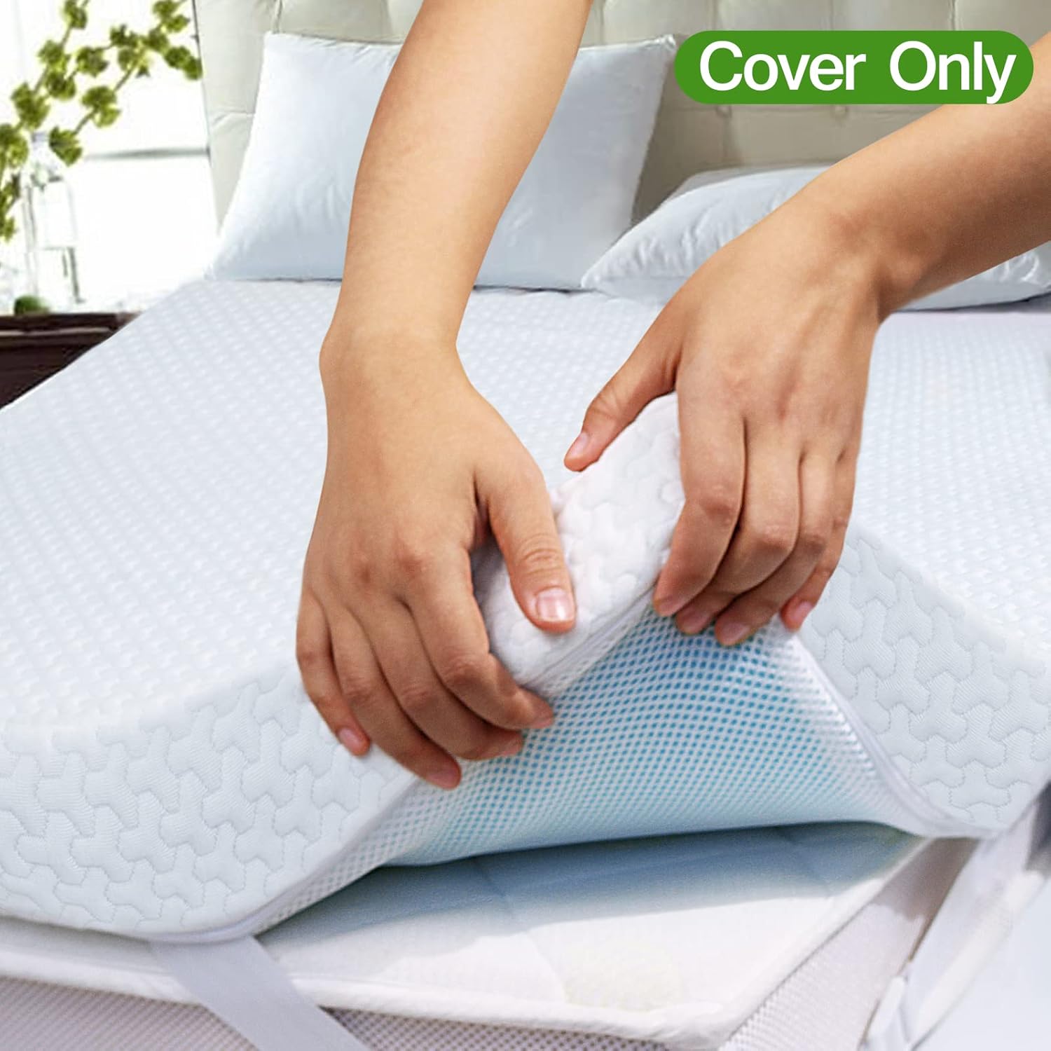 Mattress Topper Cover Queen Size (Only Cover) 3 Inch Mattress Protector Bamboo Rayon Zippered Mattress Encasement with Adjustable Straps Memory Foam Mattress Topper Cover
