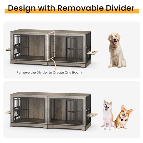 86 Inch Double Dog Crate Furniture with Divider, 4 Combination Forms Large Dog Kennel Furniture for 2 Dogs, Rustic Brown Corner Dog Kennel for Small Medium Large Dogs