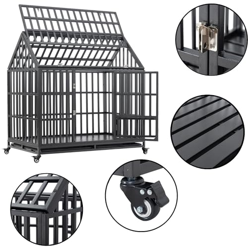 Heavy Duty Dog Crate Dog Cage, Indestructible Metal Dog Kennel Lockable for Medium Large Dogs with Sturdy Door Lock and Removable Trays, Roof Top Access, 47 Inch