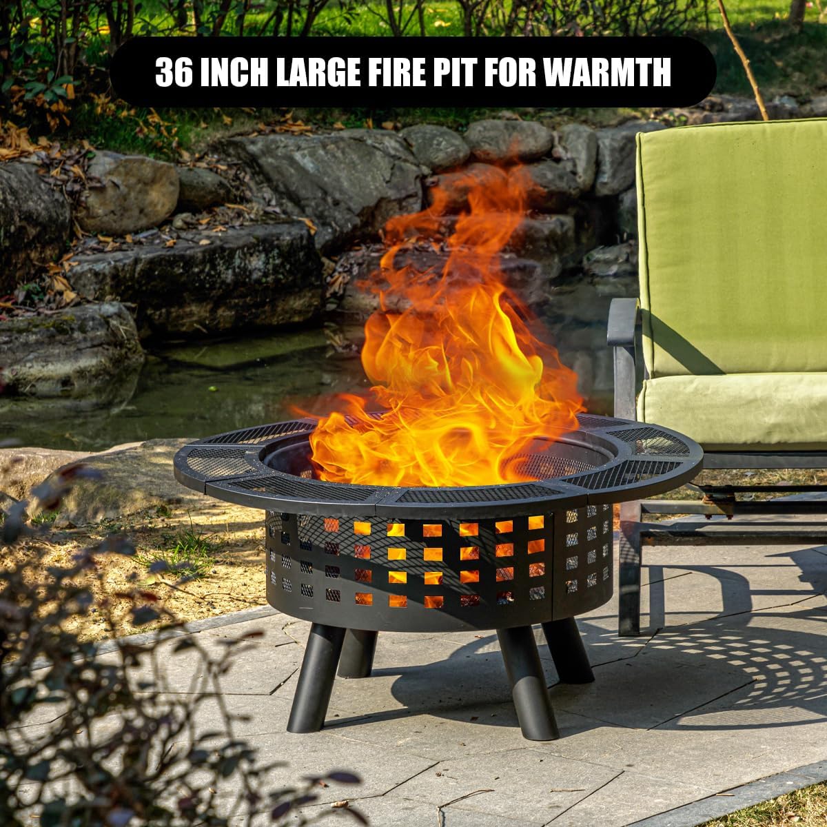 36 inch Outdoor Fire Pit with Grill, Wood Burning Firepit,for Family Gatherings Camping, Backyard, Patio,BBQ,Bonfire