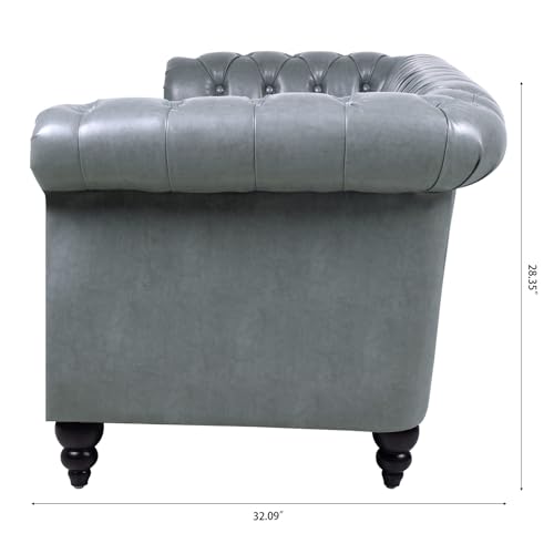 Couch, 3 Seater Sofa, Comfy PU Rolled Arm Chesterfield Couch, 84.65" Mid Century Modern Couches with Silver Studs Trim and Wooden Legs for Living Room Bed Room Apartment, Orange