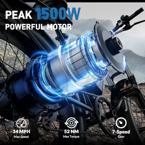 26" Electric Bike for Adults, 90 Miles 34MPH Fast E Bike for Men, Peak 1500W Fat Tire Ebike for Adults Electric with 48V 864WH Removable Battery, ON/Off Road E Bicycle with Brake Light