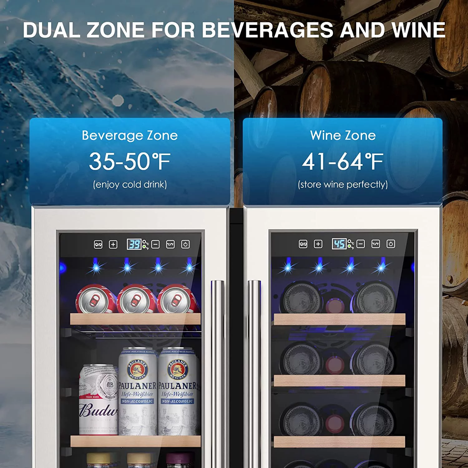 Rocita Dual Zone Wine Cooler Beverage Refrigerator, 24 inch Wine Coolers Fridge Side by Side Refrigerator Glass Fridge with Safety Locks for 20 Bottles and 57 Cans