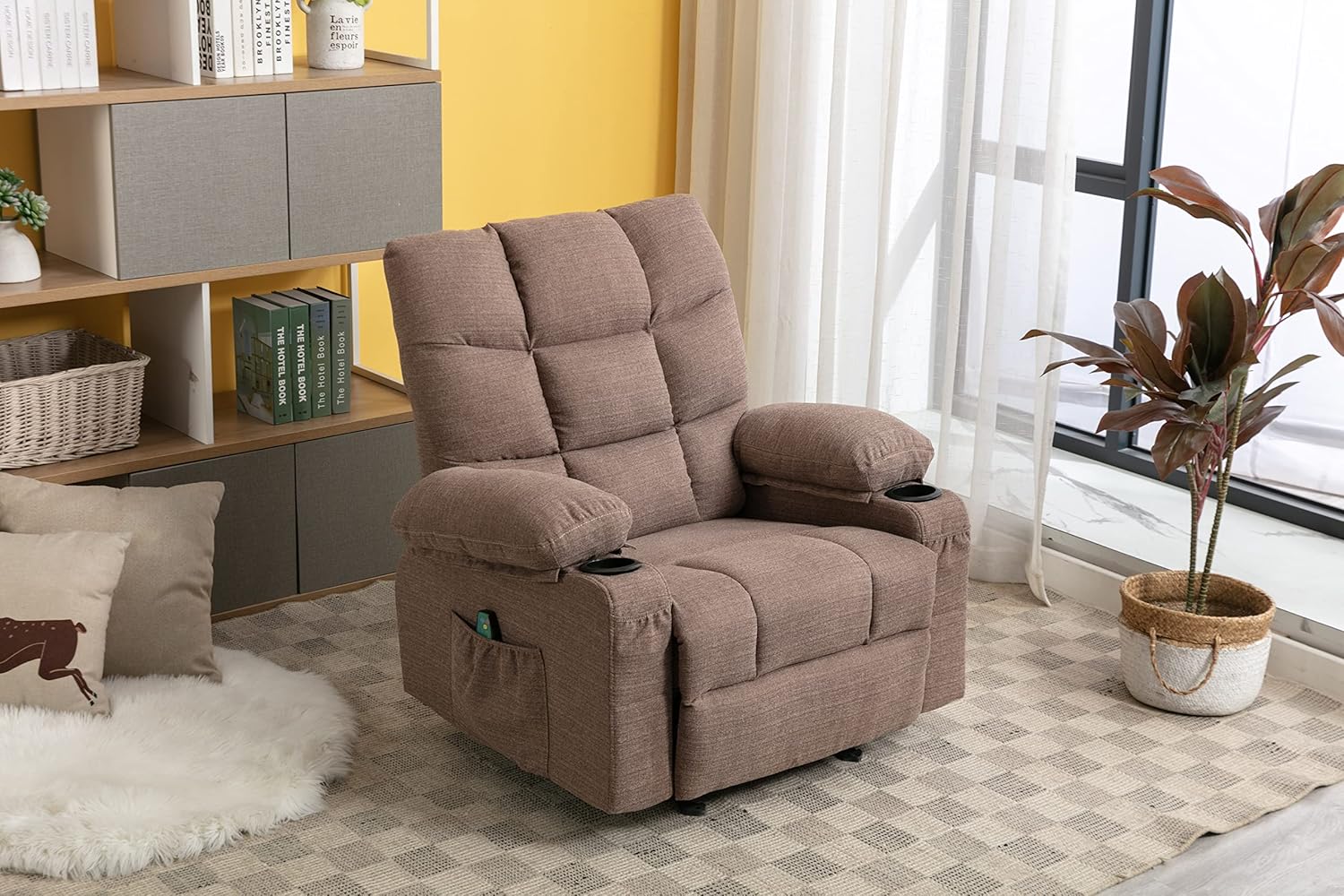 Boy Lazy Recliner Chair for Adults & Elderly with 8 Points Power Massage & Lumbar Heated - Modern Adjustable Manual Fabric Recliner Sofa with Lay Flat 150° 2 Cup Holders Side Pockets,Brown