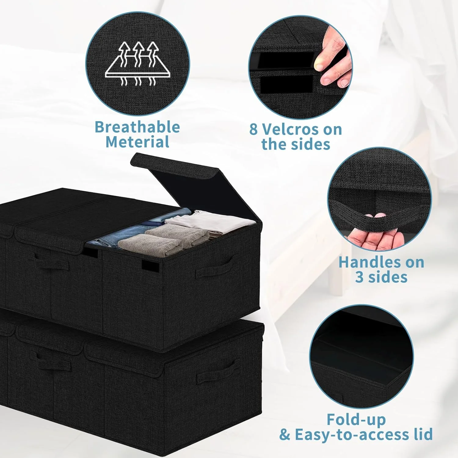 Deep Under Bed Storage Container, 10 Tall Height Underbed Box Bin with Lids 31 Long Large Basket for Under Bed, Bedroom, Dorms, Clothes, Bed sheets, Blankets, 2 Pack, Black