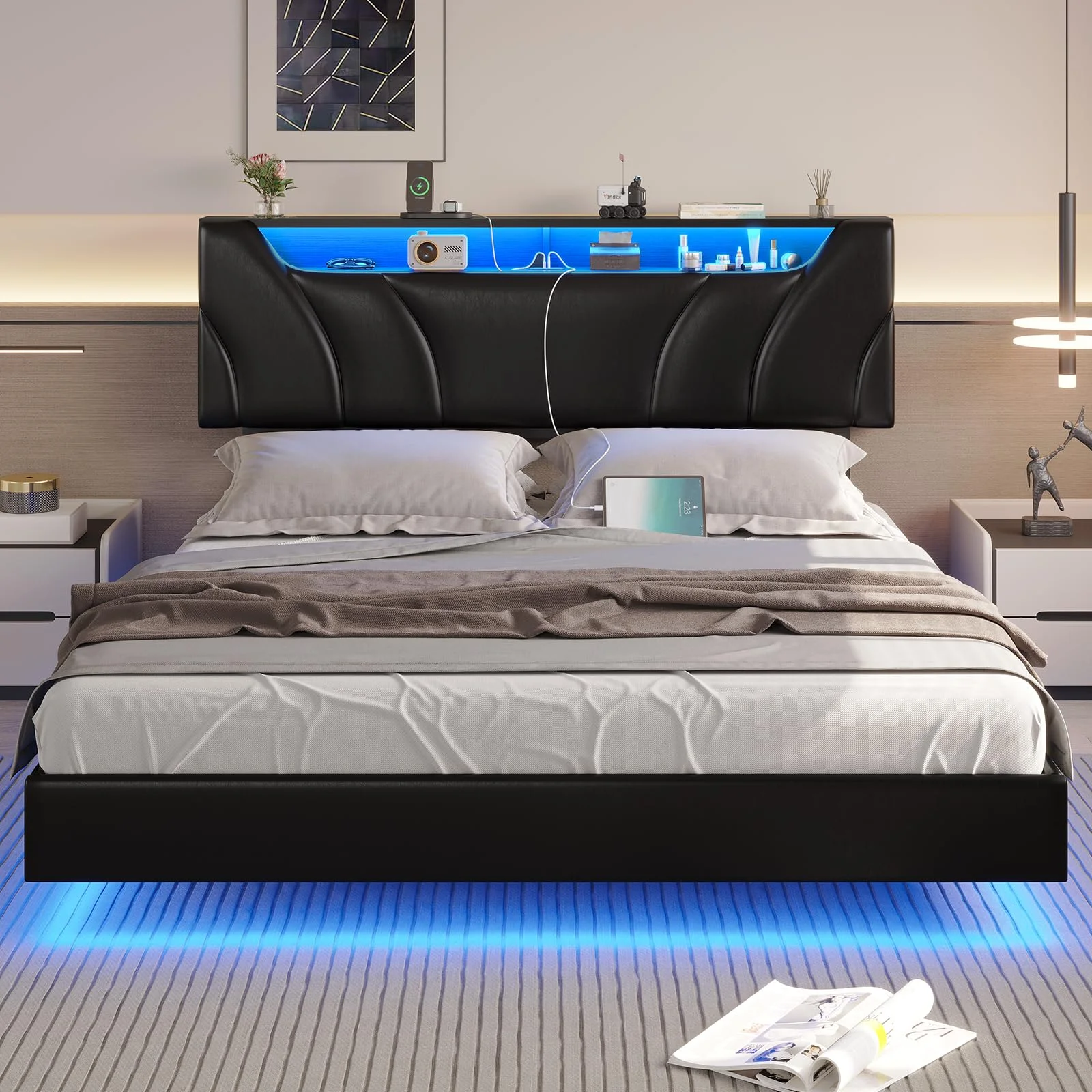 Queen Size Floating Bed Frame with Outlets, LED Upholstered Platform Bed with Storage Headboard, No Box Spring Needed, Black