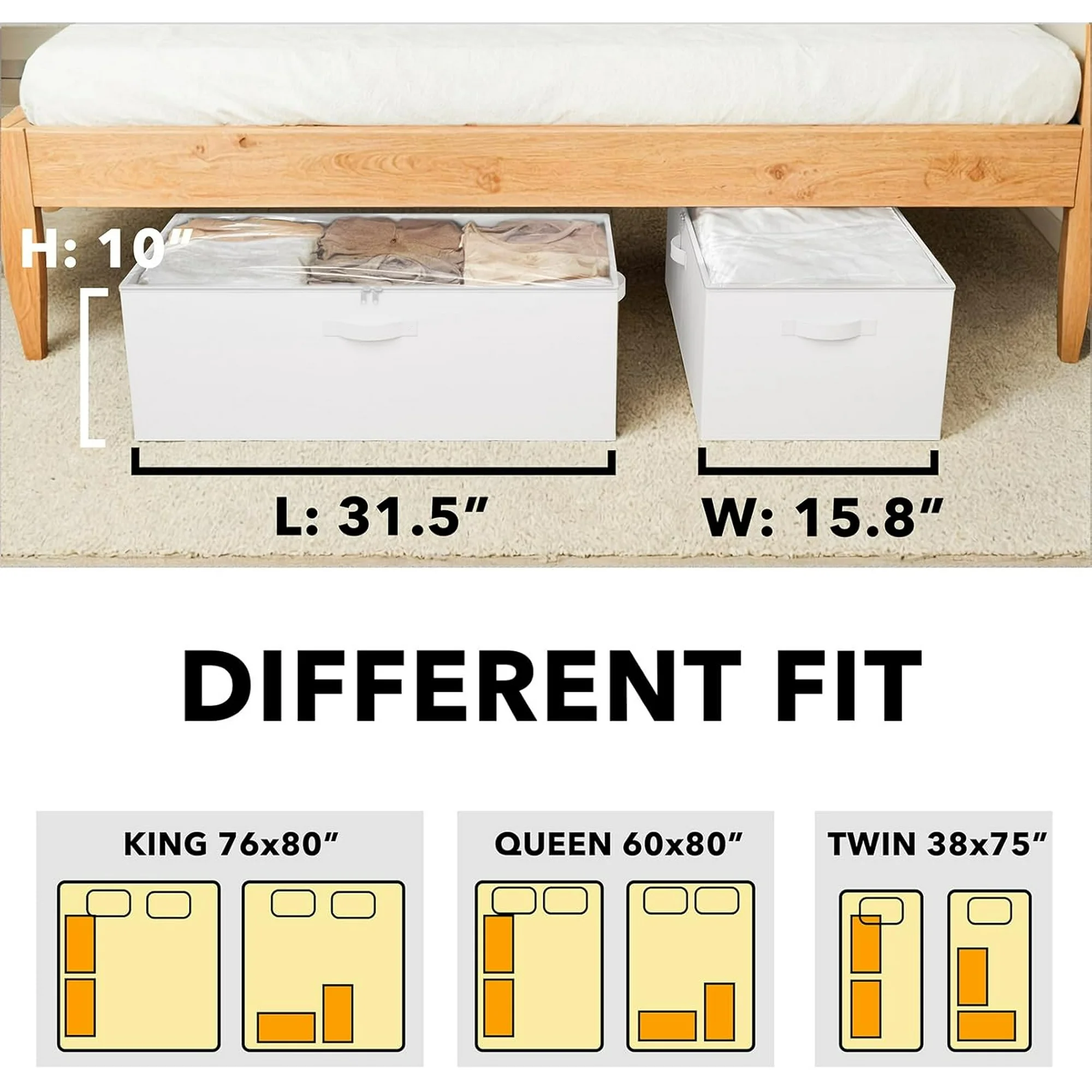 2 Pack 10 High Under Bed Storage Containers, Large Underbed Storage Organizer Bins with Lids for Bedroom, Dorm, Clothes, Closet Organization, Bed Sheets and Blankets (Beige)