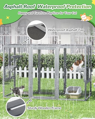 Catio Outdoor Cat Enclosure,71" L Outside Cat House Weatherproof, Wooden Large Catios for Cats Patio, Cat Houses with 3 Platforms,Grey