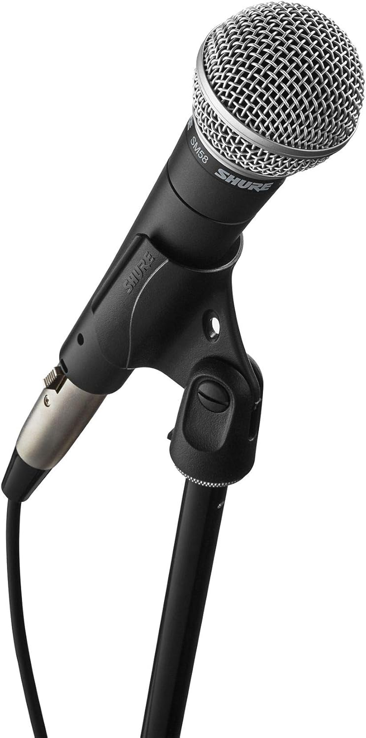 Shure SM58 Cardioid Dynamic Vocal Microphone with On/Off Switch, Pneumatic Shock Mount, Spherical Mesh Grille with Built-in Pop Filter, A25D Mic Clip, Storage Bag, 3-pin XLR Connector (SM58S)