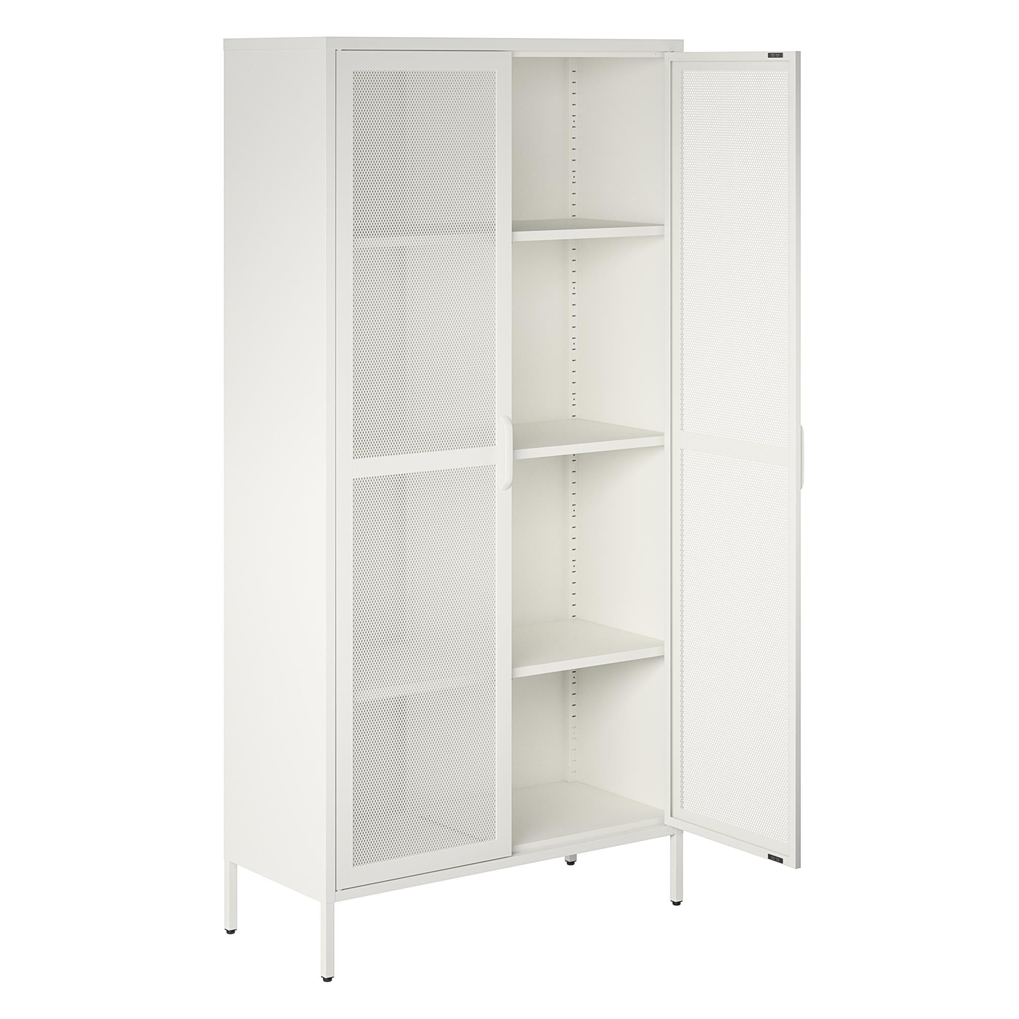 RealRooms Shadwick 2 Door Tall Metal Locker Style Storage Cabinet-Mesh Metal Doors, Soft White