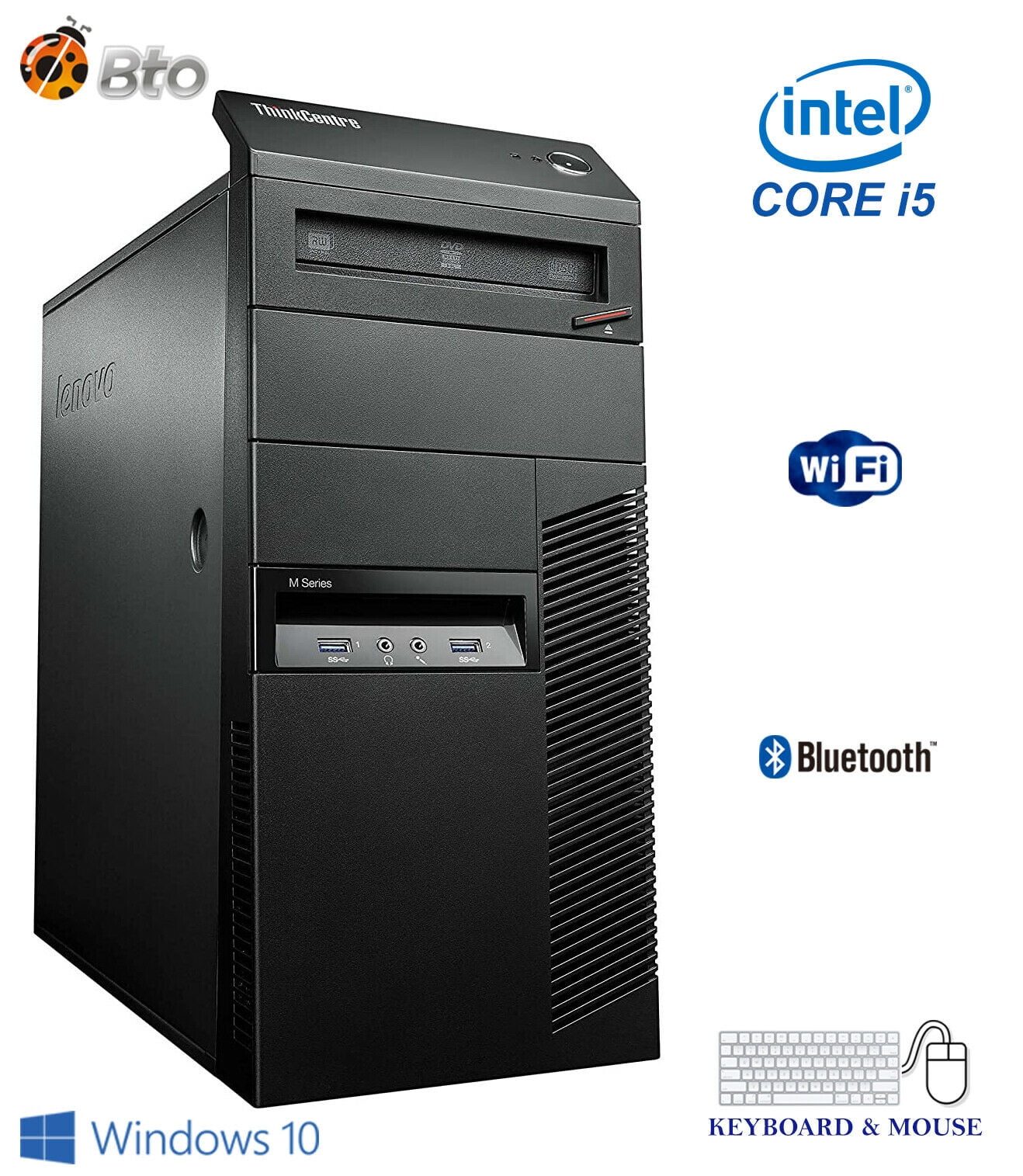 Gaming Lenovo Desktop Computer MT Core i5 CPU 16GB Ram, 120GB SSD, 2TB HDD, New 24" LCD, NVIDIA GT 1030, Keyboard & Mouse, WiFi, Bluetooth, DVD, Win10 Home PC (Refurbished)