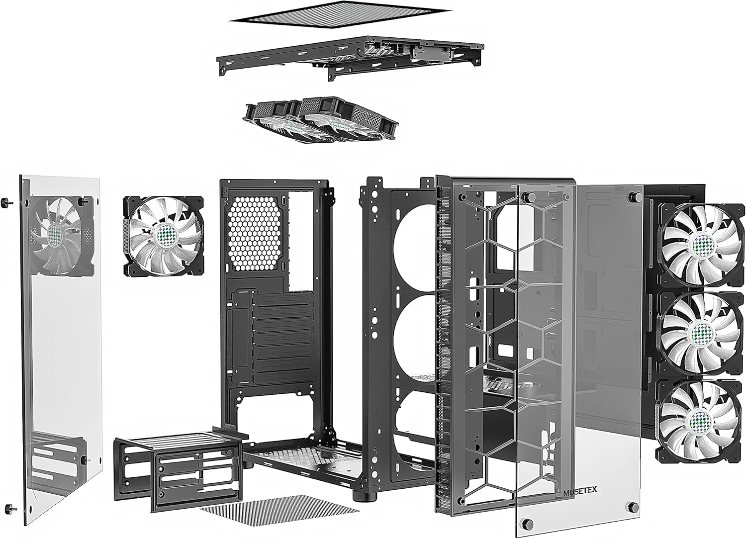 MUSETEX 6pcs ARGB Fans Pre-Installed, USB 3.0 Tempered Glass ATX Mid-Tower Chassis Gaming PC Case Cable Management/Airflow Gaming Style ATX/Micro ATX/ITX Computer Case 2021 Released (Black,G06N6)