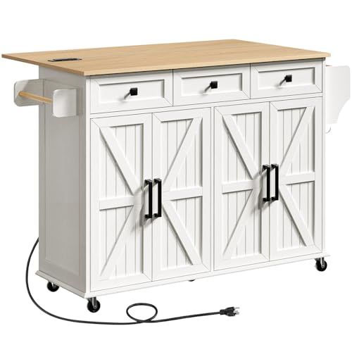 Kitchen Island with Drop Leaf, Kitchen Cart with Charging Station, Kitchen Table with Storage, Rolling Island Table with 3 Drawers, Towel Rack and Spice Rack, White and Walnut
