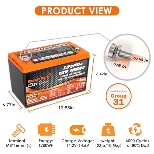 Enjoybot 12V 100Ah LiFePO4 Lithium Battery, BCI Group 31 Lithium Battery with 100A BMS, Low Temp Cut Off Deep Cycle Battery Perfect for Golf Cart, RV, Solar, Trolling Motor, Home Energy Storage