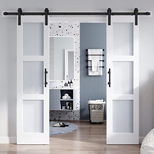 36x84 Inch Glass Sliding Barn Door Slab and 6.6ft Hardware Kit Included, 5 Frosted Glass, LVL Wood Panel Covered with White Water-Proof Scratch-Proof PVC Surface, Simple DIY Assembly