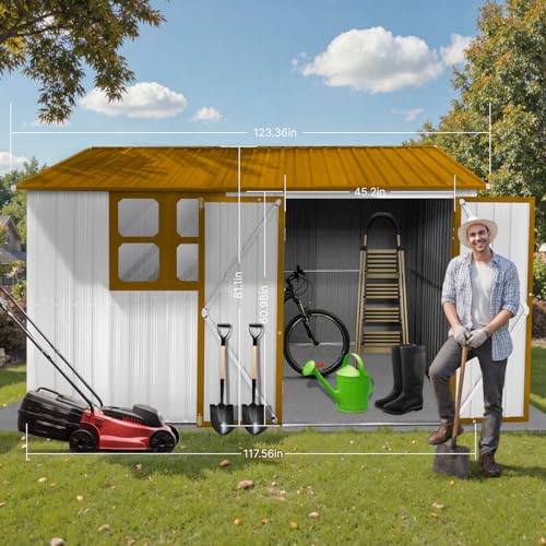 10' x 8' Large Outdoor Storage Shed, Sturdy Metal Building w/Windows & Lockable Doors for Garden, Backyard, Poolside and Lawn, Grey