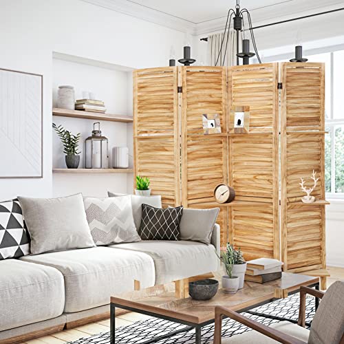 Babion 4 Panel Room Divider with Shelves, Wooden Room Divider Wall, 4 Panel Folding Privacy Screens, Freestanding Room Partition for Office Kitchen Bedroom Balcony (Deep Brown)