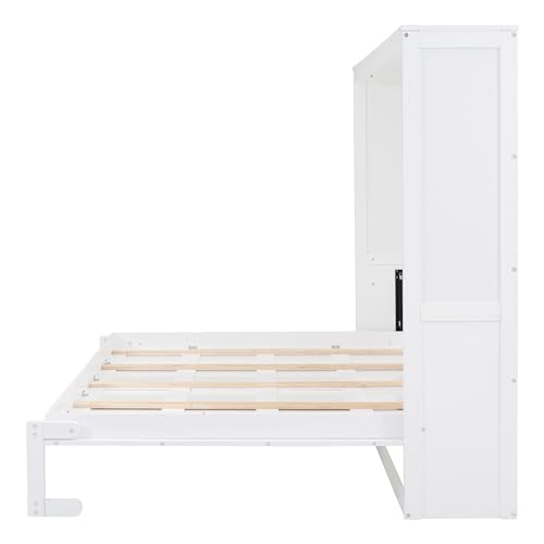 MERITLINE Queen Horizontal Murphy Bed Cabinet with Storage Bookcase Shelves and Charging Station,Wood Folding Grey Murphy Wall Bed for Adult
