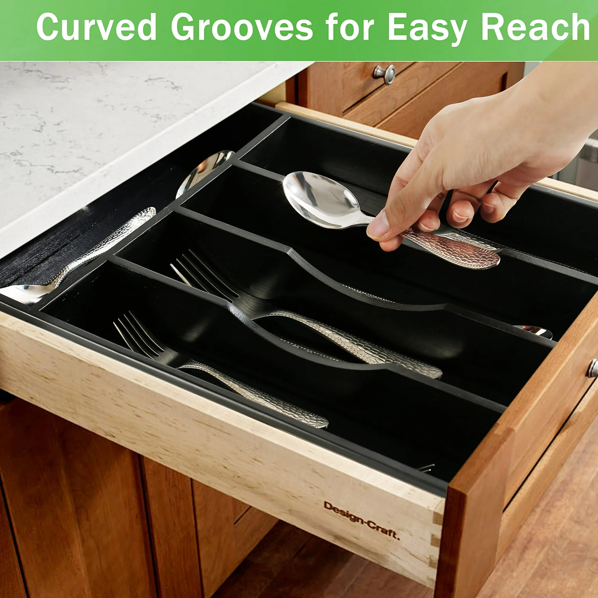 Kitchen Drawer Organizer for Silverware, Bamboo Wood Utensil Tray 10x14 Inches, 5-Section Cutlery Holder, Flatware Storage Solution, Black