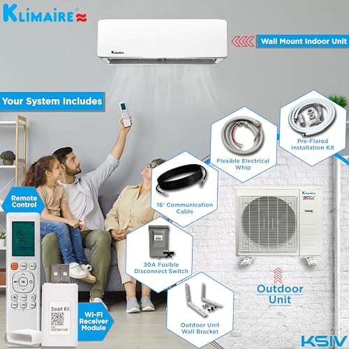Klimaire Ductless Mini-Split Inverter Air Conditioner Heat Pump System with 15-ft Installation Kit Wall Bracket