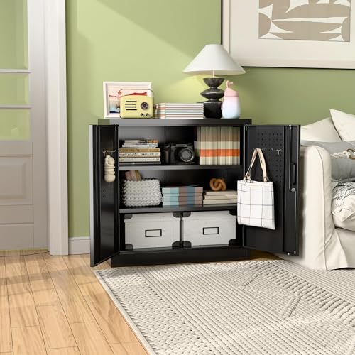 Aobabo Garage Storage Cabinet with Wheels,72" H Metal Storage Cabinet with 2 Doors and 4 Adjustable Shelves for Garage Home, Black,Required-Assembly