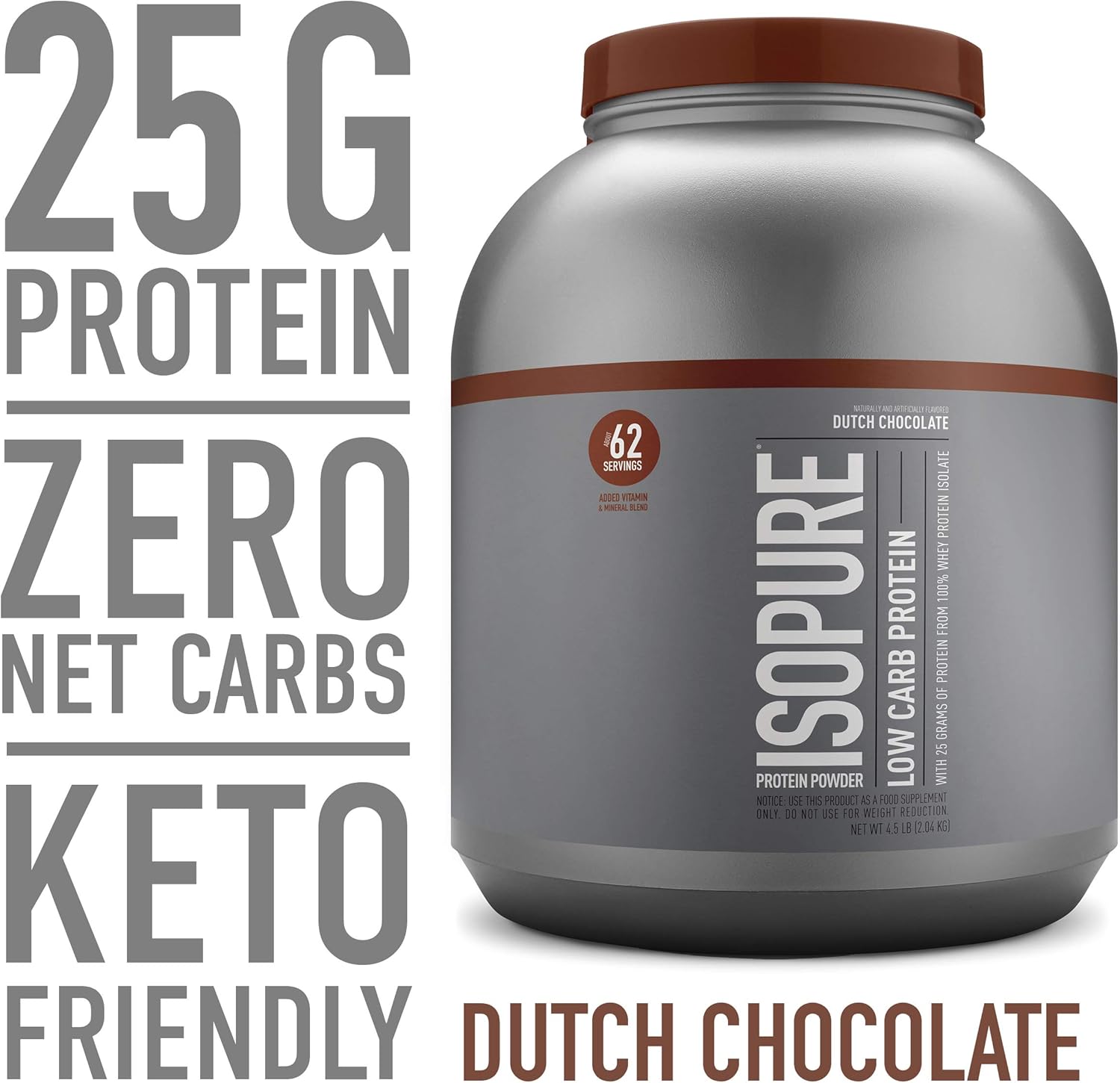 Isopure Whey Isolate Protein Powder with Vitamin C & Zinc for Immune Support, 25g Protein, Low Carb & Keto Friendly, Flavor: Dutch Chocolate, 4.5 Pounds (Packaging May Vary)
