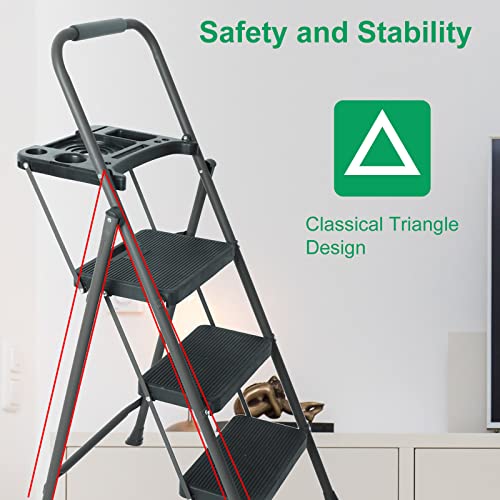 5 Step Ladder with Handrails, Folding Step Stool with Tool Tray Platform, 330lbs Portable Tall Step Labber for Adults for Home Kitchen Library Office