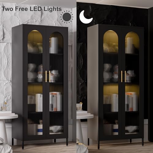 Metal Storage Cabinet, 65” Kitchen Pantry Cabinet with Glass Doors and 3 Adjustable Shelves, Display Curio Cabinet with 2 LED Lights, Black Cabinet for Home Office, Dining Room, Living Room
