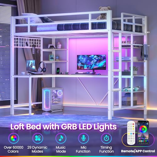 MSmask Loft Bed Twin Size with L Shaped Desk, LED Lights, Charging Station, Heavy Duty Metal Loft Bed Frame with 6 Storage Shelves, Safety Guard & Ladder, No Box Spring Needed, No Noise, Black