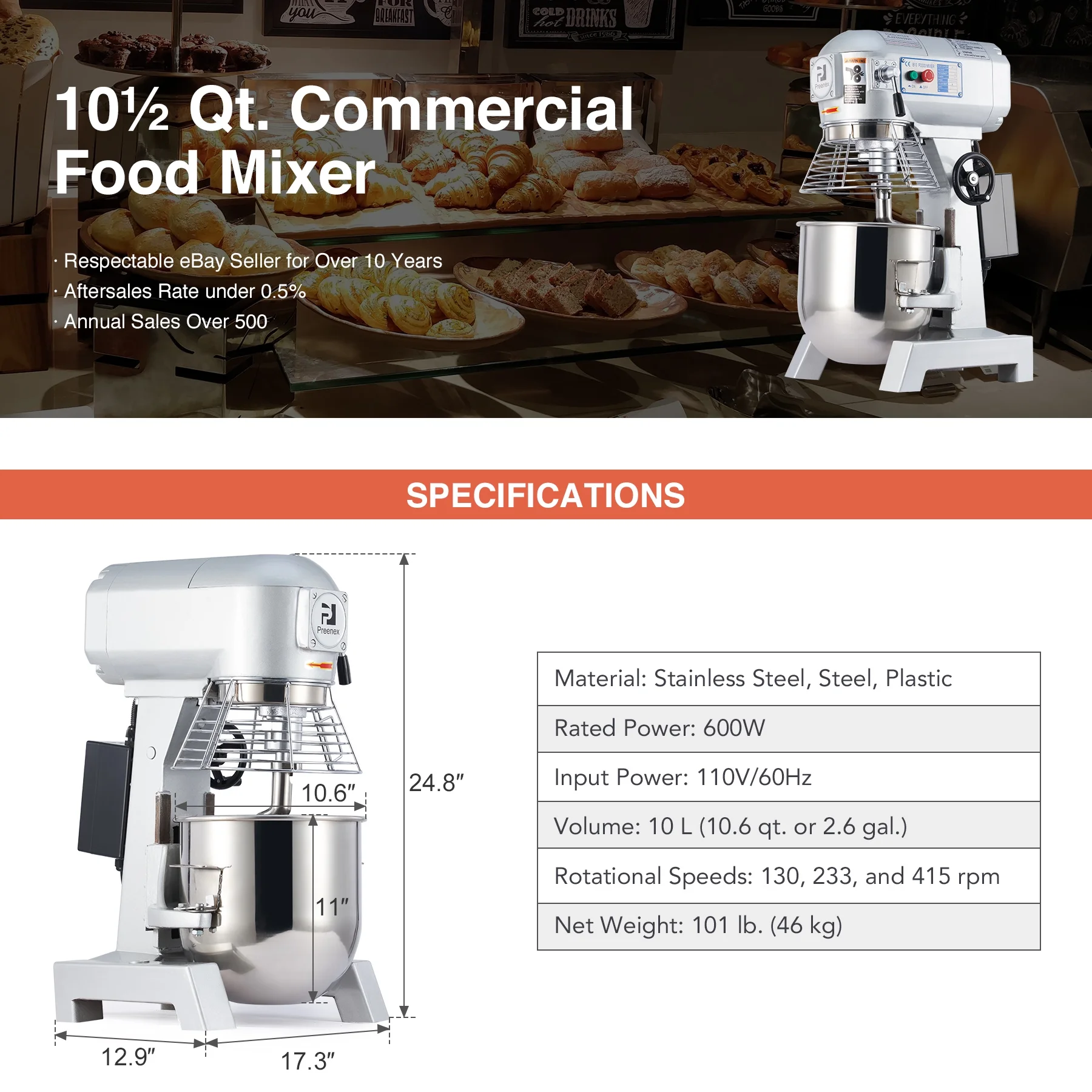 Preenex 10Qt Commercial Stand Mixer 600W Electric Food Mixing Machine with 3 Attachment