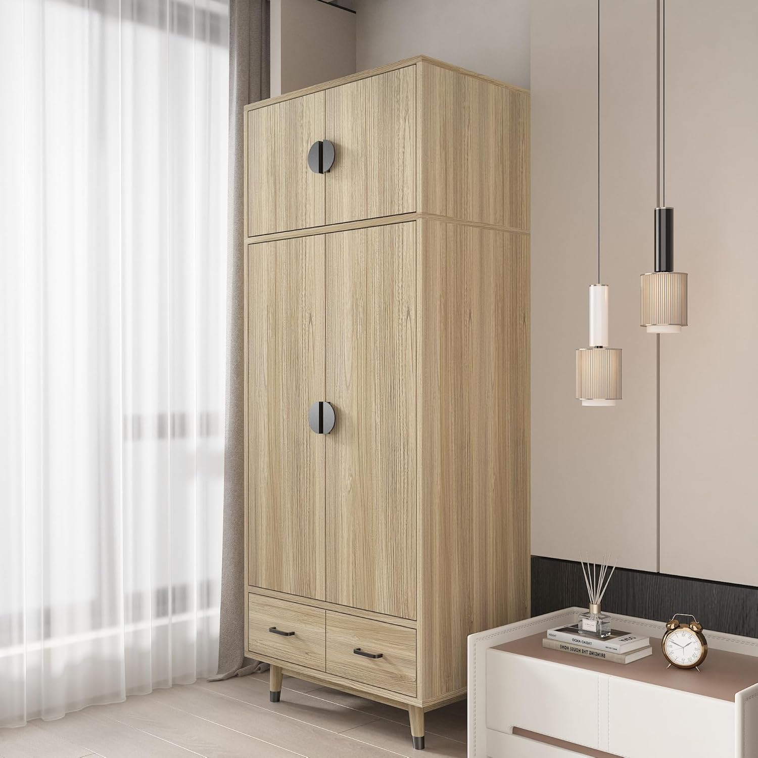 Armoire Wardrobe Closet 2-Door Storage Pantry Cabinet Modern Wood Closet with 2 Drawers, Hanging Rod, Freestanding Pantry Cabinet for Bedroom, Oak