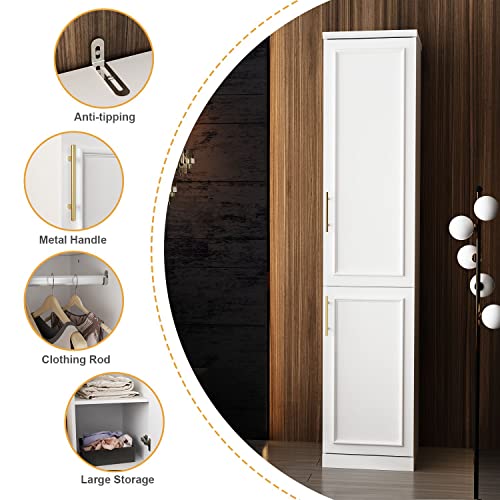 FAMAPY 2 Door Wardrobe Closet, Tall and Narrow Armoire Wardrobe Closet with Hanging Rod, Gold Metal Handles, Bedroom Armoire Closet White (15.7”W x 19.3”D x 74.9”H)