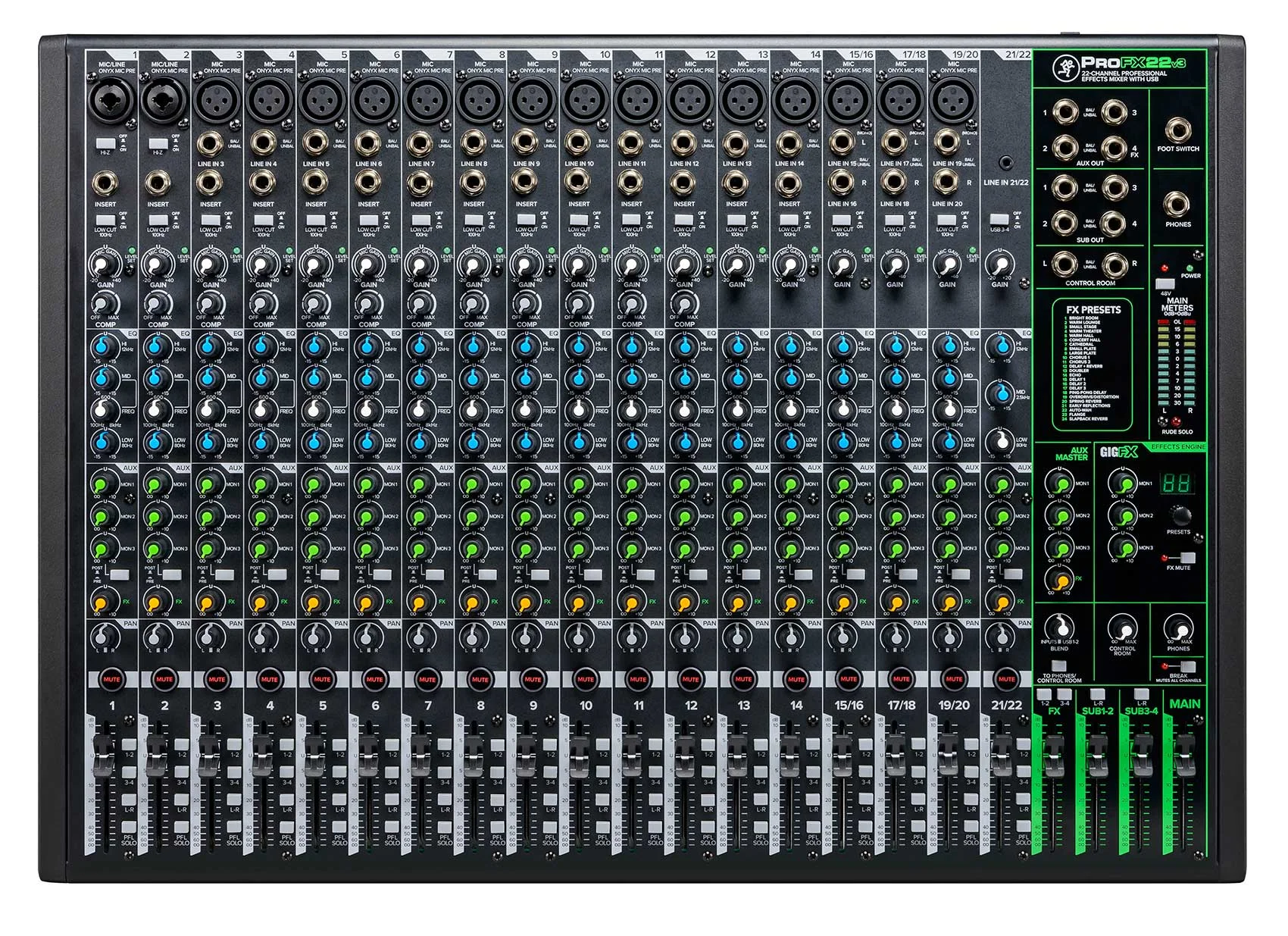 Mackie ProFX22v3 22-Channel 4-Bus Effects Mixer w/USB ProFX22 v3+ 6) Mics+Cases
