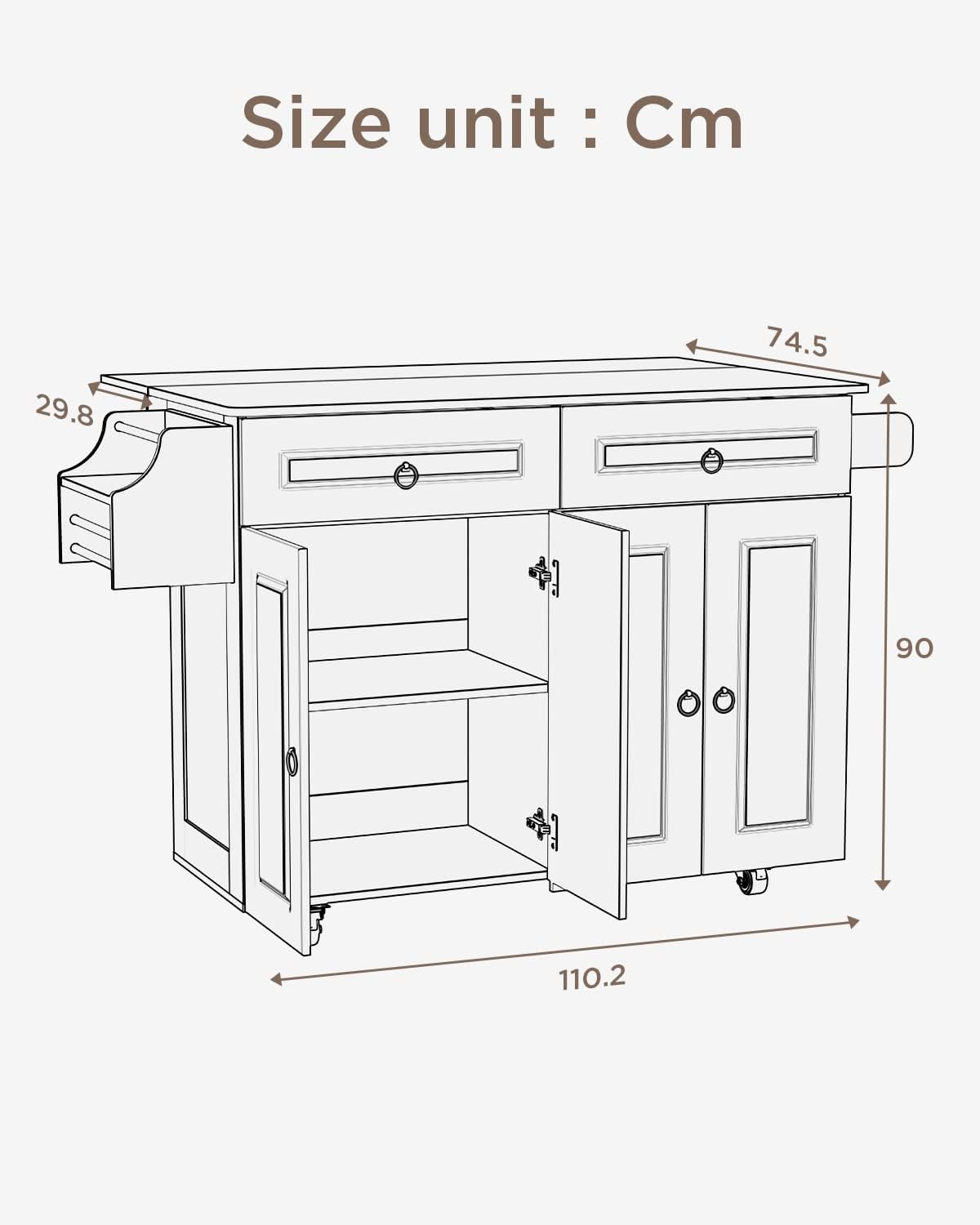 Qsun Kitchen Island with Drop Leaf Countertop, Wood Kitchen Island Cart on Lockable Wheels with Two Large Drawers and Two Large Storage Cabinet with Double Doors, Brown