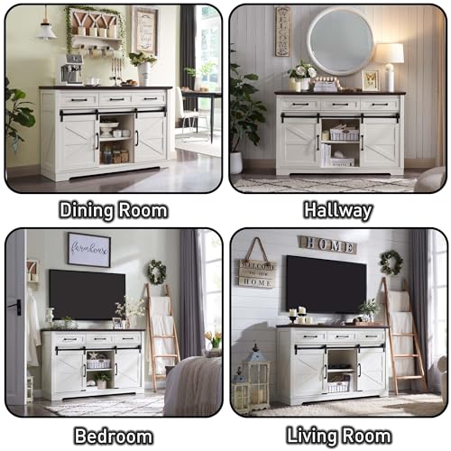 Farmhouse Buffet Cabinet with Storage, 53” Sideboard Cabinet w/2 Doors and 3 Drawers, Rustic Storage Cabinet w/Sliding Barn Door, Coffee Storage Cabinet for Dining Room, Living Room, Dark Grey