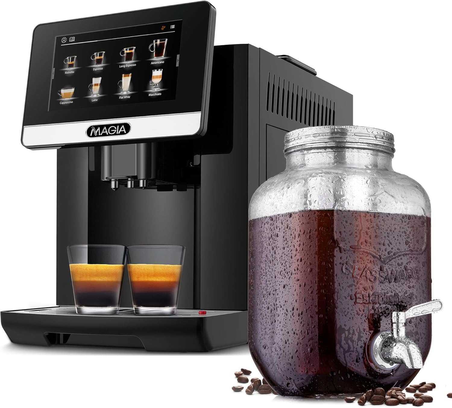 Zulay Magia Super Automatic Coffee Espresso Machine with Grinder, Easy To Use 7” Touch Screen and 1 Gallon Cold Brew Coffee Maker with EXTRA-THICK Glass Carafe & Stainless Steel Mesh Filter